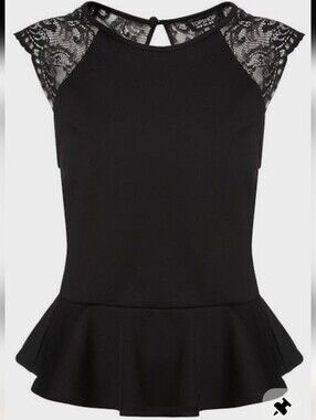 Guess by Marciano Black Lace Cap-Sleeve Peplum Top Size Small